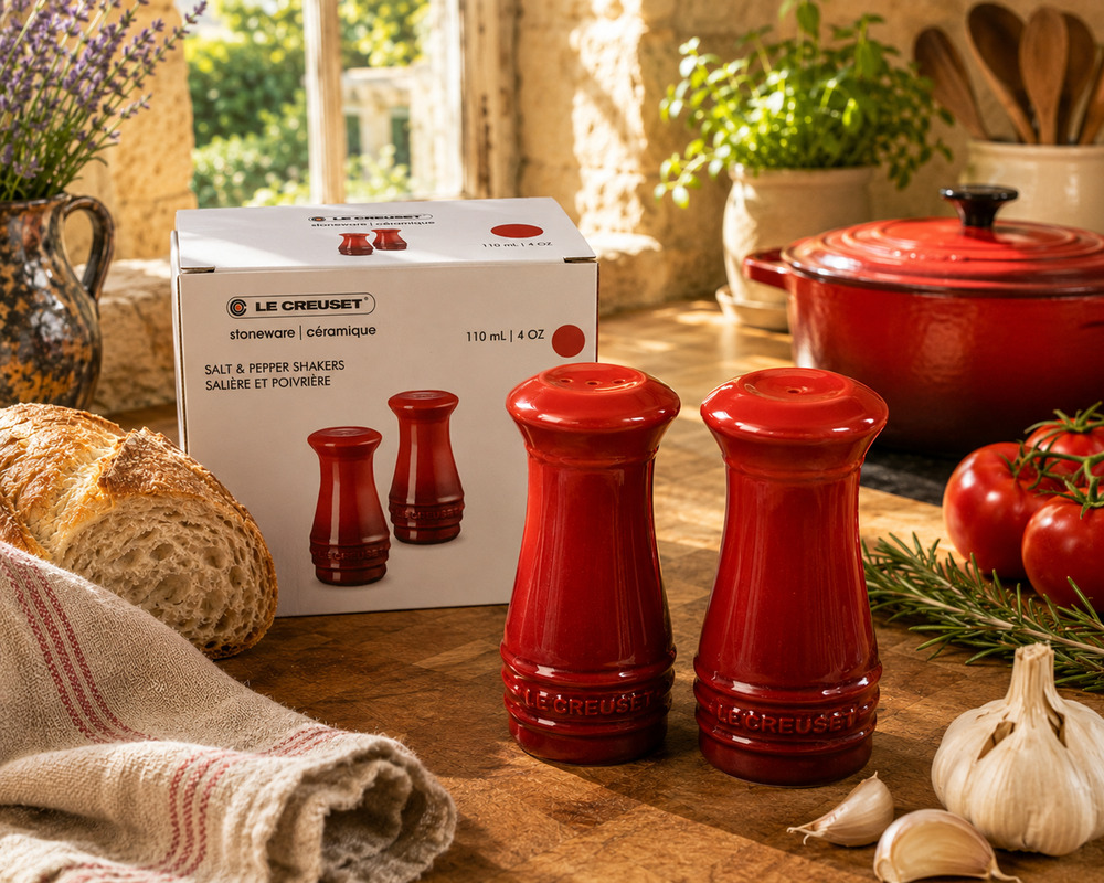 NEW Le Creuset Cerise Salt Pepper Shakers Set 5" Stoneware Ceramic Boxed